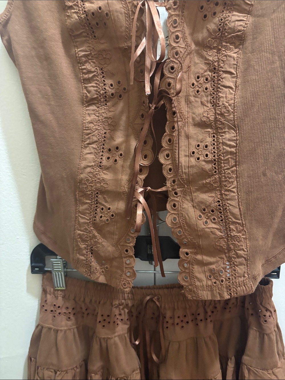 Free People Rust Brown Eyelet Lace-Up Dress Top - Picture 6 of 13